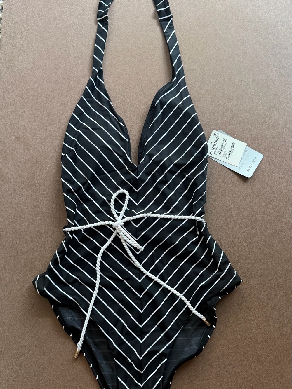 Black & White Striped Halter One-Piece Swimsuit with Rope Belt